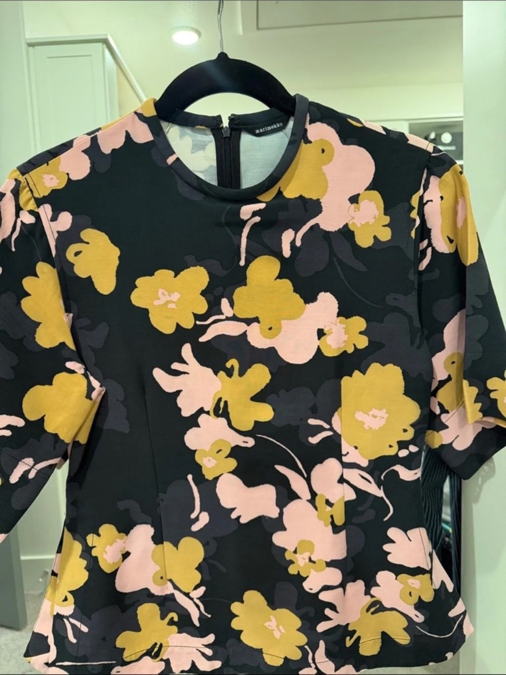 Marimekko Black Floral Short-Sleeve Top with Pink & Mustard Blooms